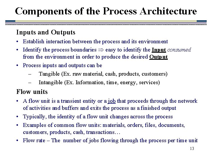 Components of the Process Architecture Inputs and Outputs • Establish interaction between the process