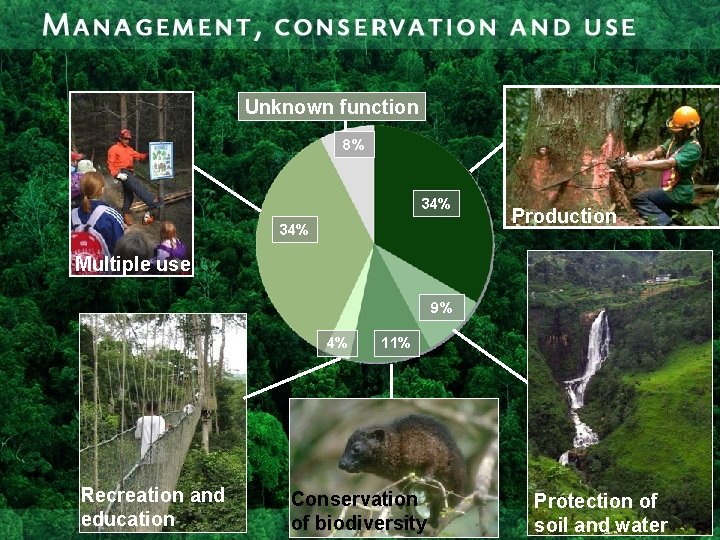 Unknown function 8% 34% Production Multiple use 9% 4% Recreation and education 11% Conservation