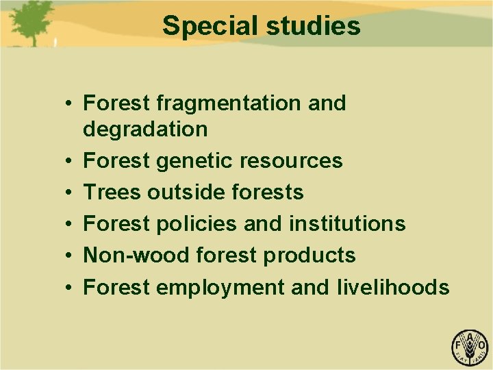 Special studies • Forest fragmentation and degradation • Forest genetic resources • Trees outside