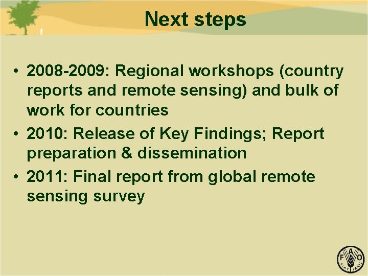 Next steps • 2008 -2009: Regional workshops (country reports and remote sensing) and bulk