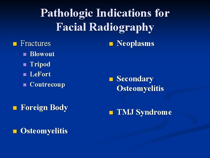 Pathologic Indications for Facial Radiography n Fractures n n Blowout Tripod Le. Fort Coutrecoup