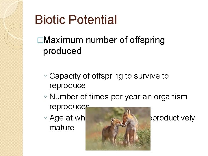 Biotic Potential �Maximum number of offspring produced ◦ Capacity of offspring to survive to