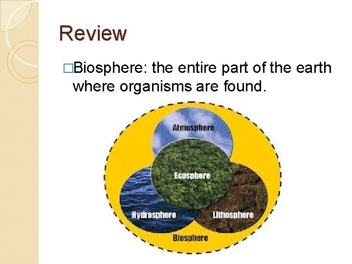 Review �Biosphere: the entire part of the earth where organisms are found. 