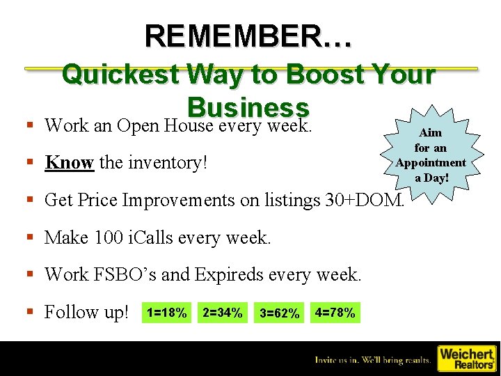 REMEMBER… § Quickest Way to Boost Your Business Work an Open House every week.