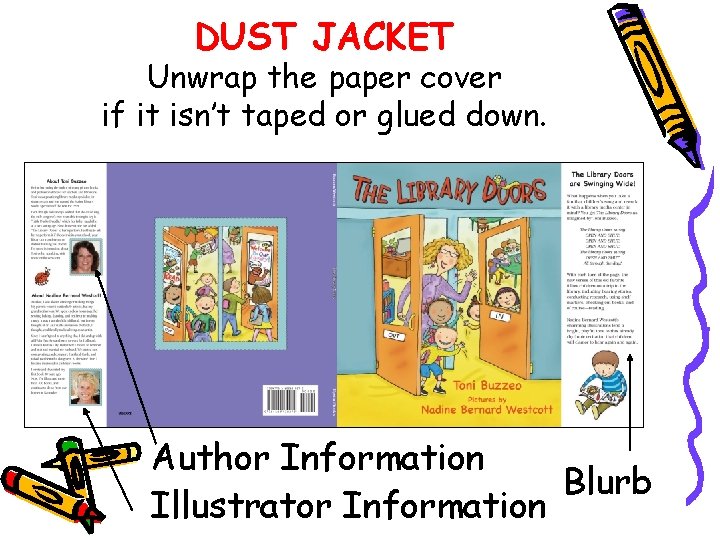 DUST JACKET Unwrap the paper cover if it isn’t taped or glued down. Author