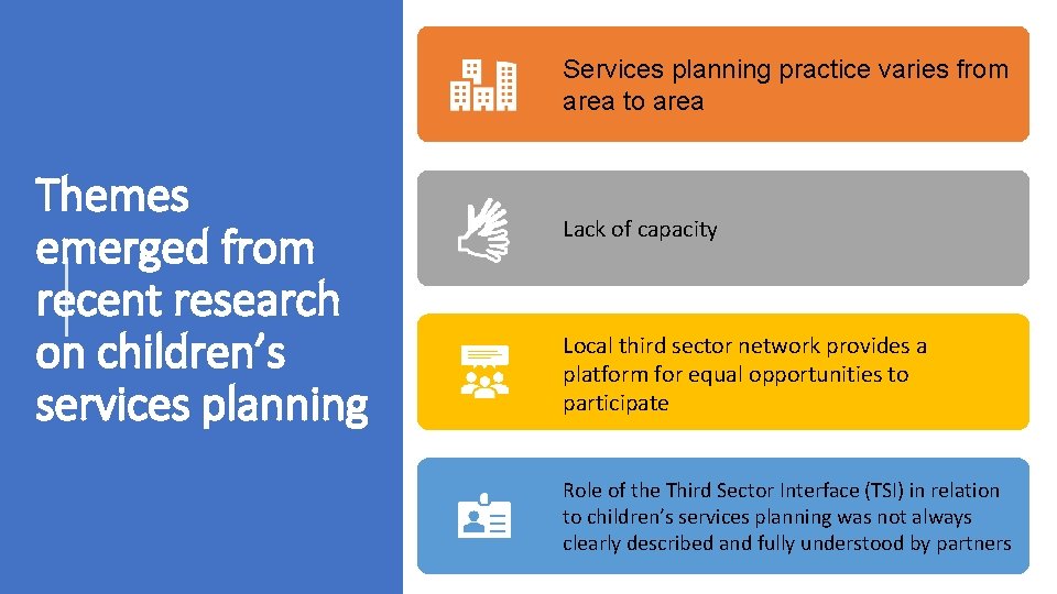 Services planning practice varies from area to area Themes emerged from recent research on