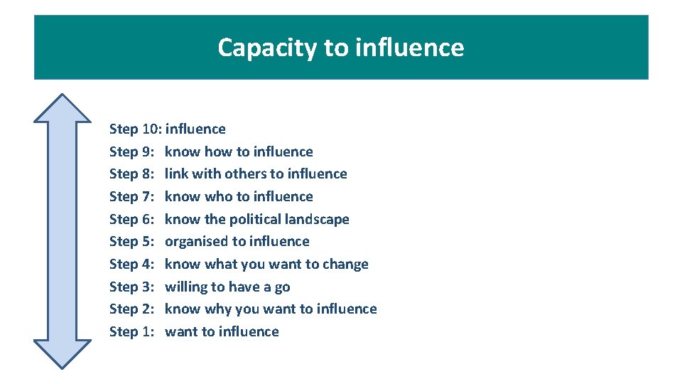 Capacity to influence Step 10: influence Step 9: know how to influence Step 8: