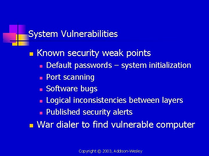 System Vulnerabilities n Known security weak points n n n Default passwords – system