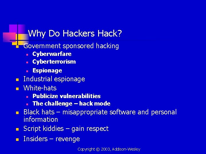 Why Do Hackers Hack? n Government sponsored hacking n Cyberwarfare Cyberterrorism n Espionage n