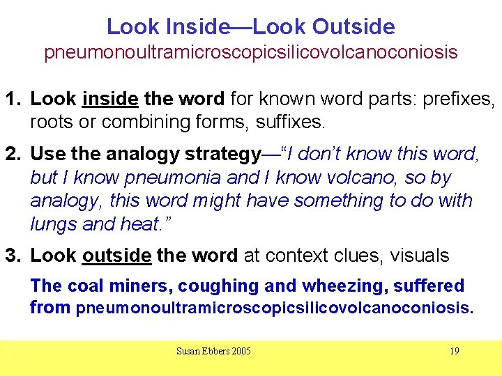 Look Inside—Look Outside pneumonoultramicroscopicsilicovolcanoconiosis 1. Look inside the word for known word parts: prefixes,