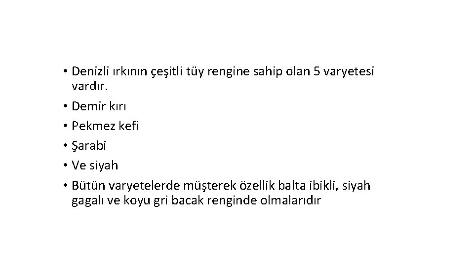  • Denizli ırkının çeşitli tüy rengine sahip olan 5 varyetesi vardır. • Demir