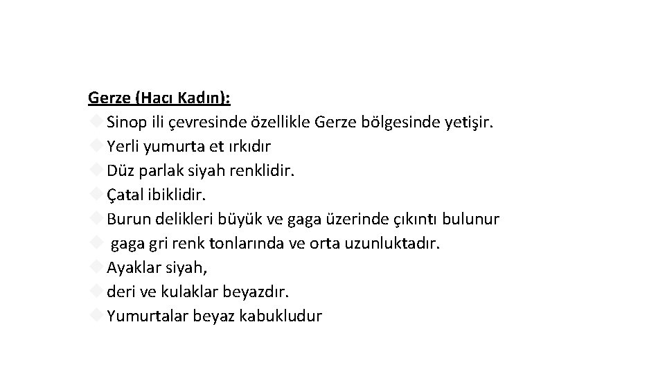 Gerze (Hacı Kadın): Sinop ili çevresinde özellikle Gerze bölgesinde yetişir. Yerli yumurta et ırkıdır