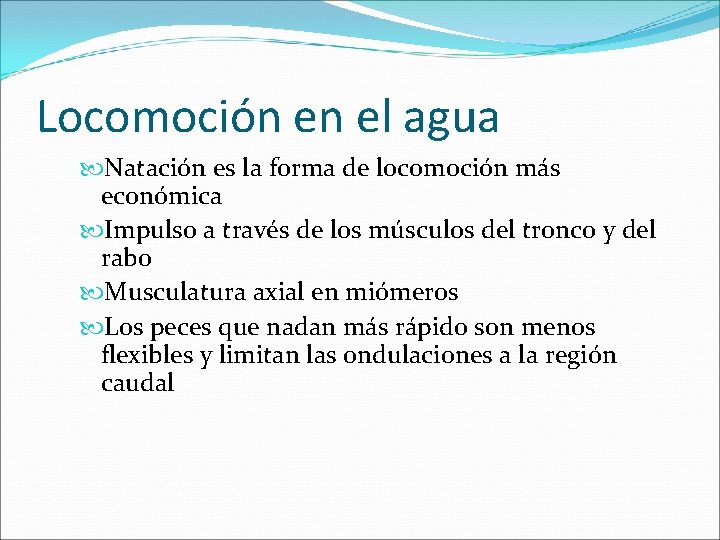 Locomoción en el agua Natación es la forma de locomoción más económica Impulso a