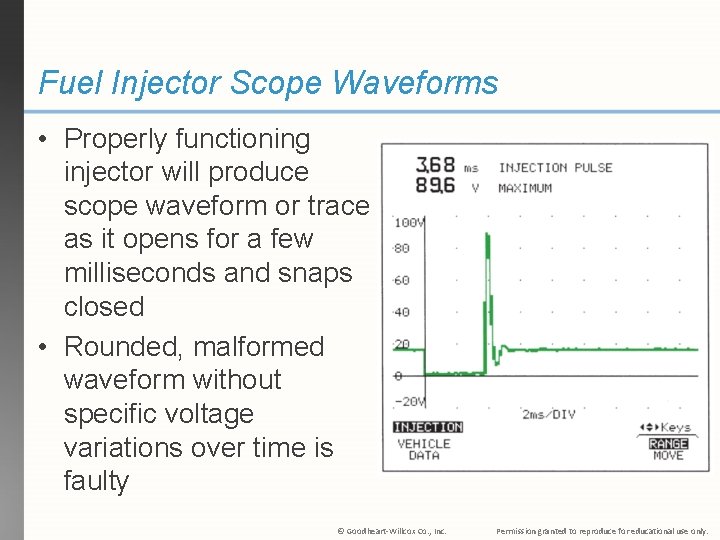 Fuel Injector Scope Waveforms • Properly functioning injector will produce scope waveform or trace