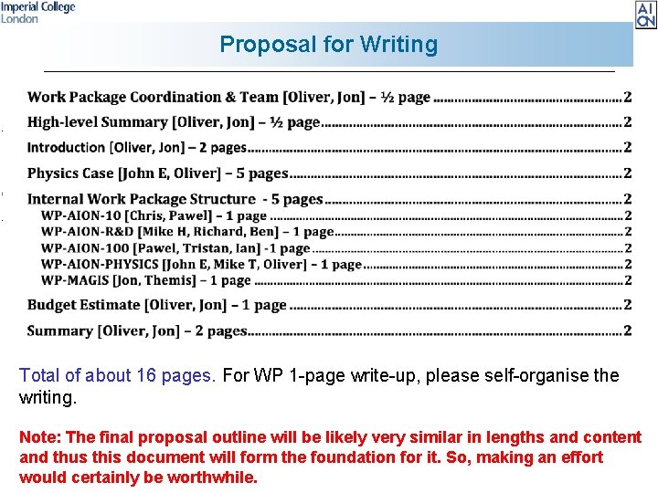 O. Buchmueller AION Working Meeting Proposal for Writing Total of about 16 pages. For