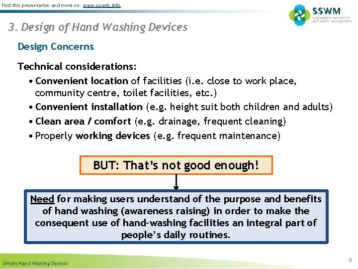Find this presentation and more on: www. ssswm. info. 3. Design of Hand Washing