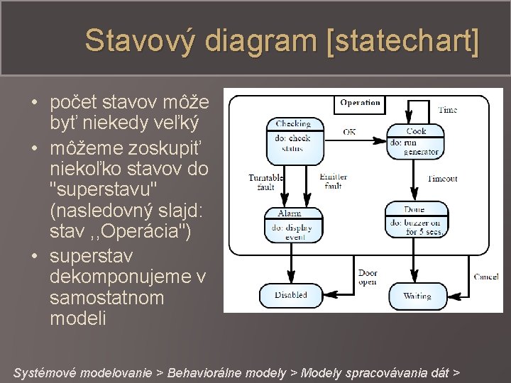 Stavový diagram [statechart] • počet stavov môže byť niekedy veľký • môžeme zoskupiť niekoľko