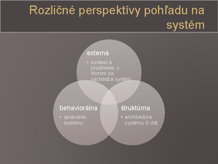 Rozličné perspektívy pohľadu na systém externá • kontext a prostredie, v ktorom sa nachádza