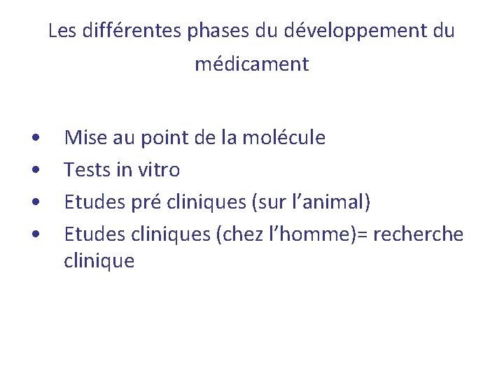 Les différentes phases du développement du médicament • • Mise au point de la