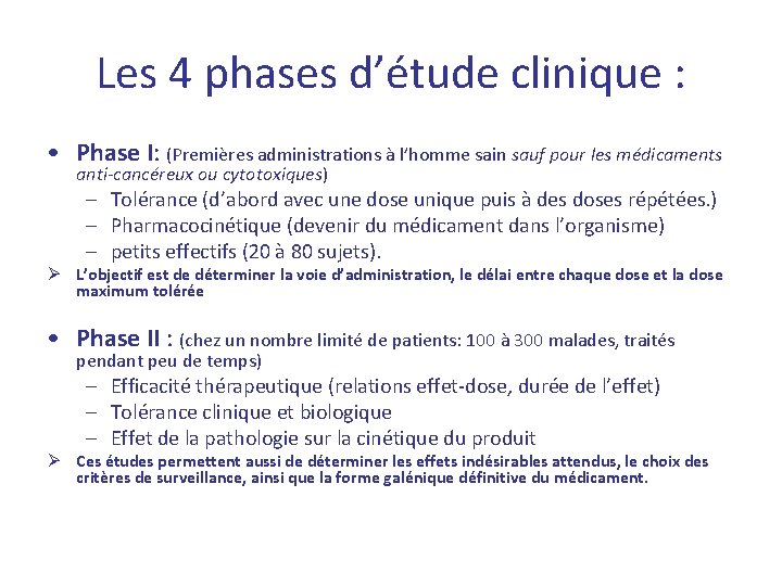 Les 4 phases d’étude clinique : • Phase I: (Premières administrations à l’homme sain