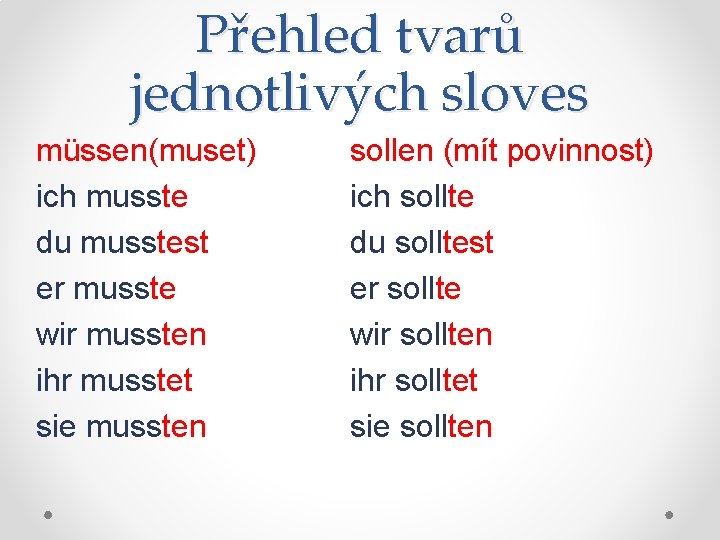 Přehled tvarů jednotlivých sloves müssen(muset) ich musste du musstest er musste wir mussten ihr