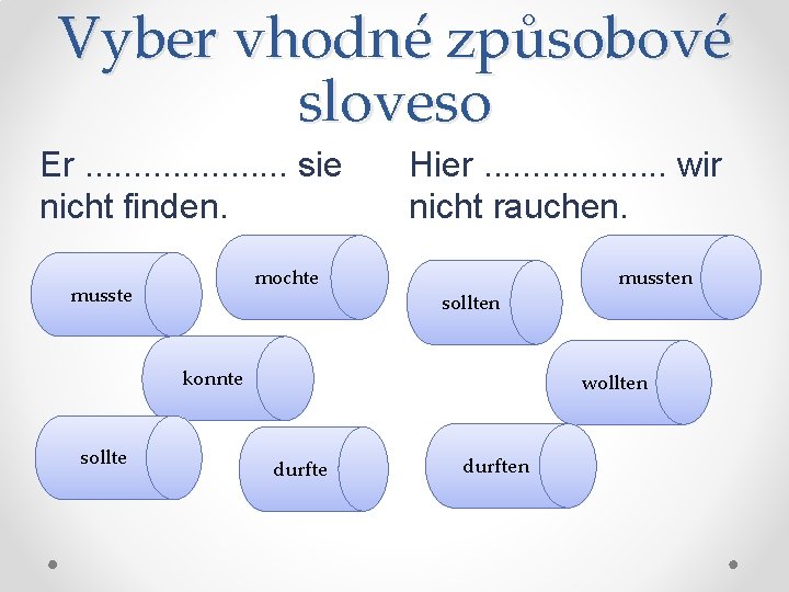 Vyber vhodné způsobové sloveso Er. . . . . sie nicht finden. mochte musste