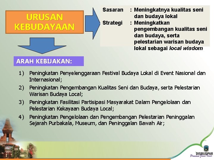 URUSAN KEBUDAYAAN Sasaran Strategi : Meningkatnya kualitas seni dan budaya lokal : Meningkatkan pengembangan