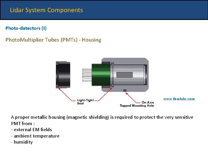 Lidar System Components Photo-detectors (I) Photo. Multiplier Tubes (PMTs) - Housing www. thorlabs. com