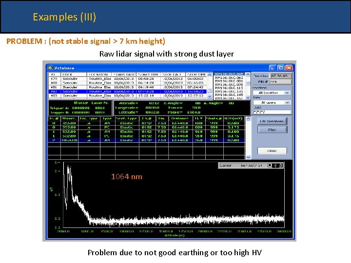 Examples (III) PROBLEM : (not stable signal > 7 km height) Raw lidar signal