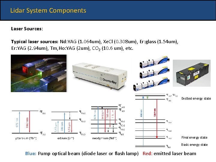 Lidar System Components Laser Sources: Typical laser sources: Nd: YAG (1. 064 um), Xe.