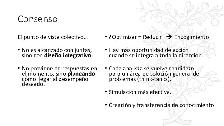 Consenso El punto de vista colectivo… • ¿Optimizar = Reducir? Encogimiento • No es