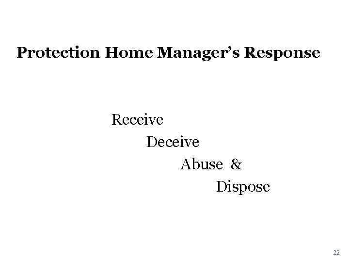 Protection Home Manager’s Response Receive Deceive Abuse & Dispose 22 