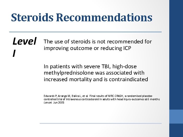 Steroids Recommendations Level I The use of steroids is not recommended for improving outcome