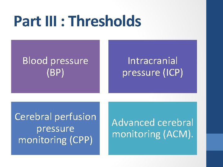 Part III : Thresholds Blood pressure (BP) Intracranial pressure (ICP) Cerebral perfusion pressure monitoring