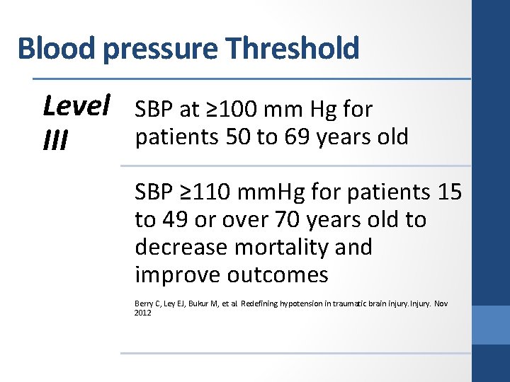 Blood pressure Threshold Level III SBP at ≥ 100 mm Hg for patients 50