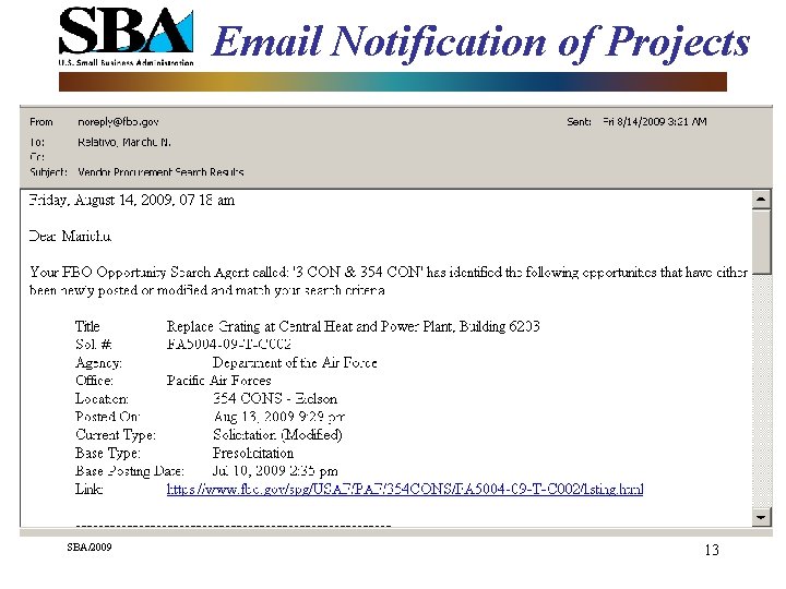 Email Notification of Projects SBA/2009 13 