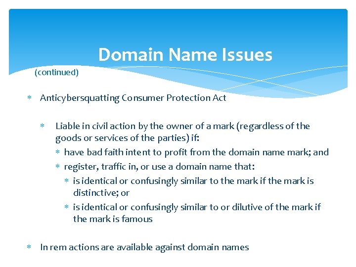 Domain Name Issues (continued) Anticybersquatting Consumer Protection Act Liable in civil action by the