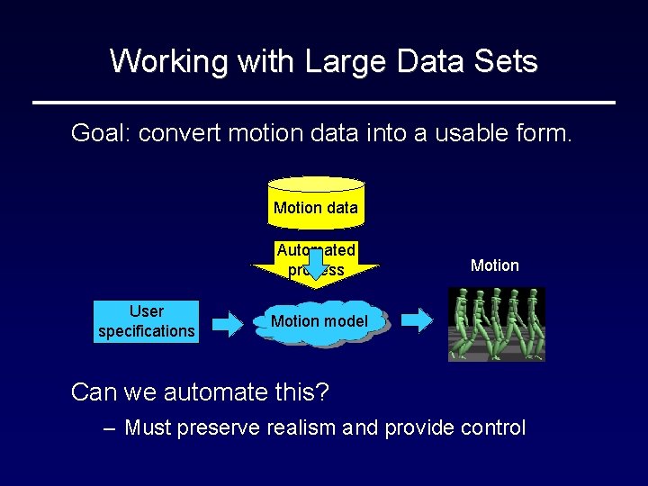 Working with Large Data Sets Goal: convert motion data into a usable form. Motion