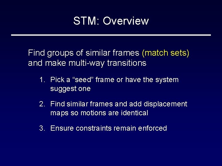 STM: Overview Find groups of similar frames (match sets) and make multi-way transitions 1.