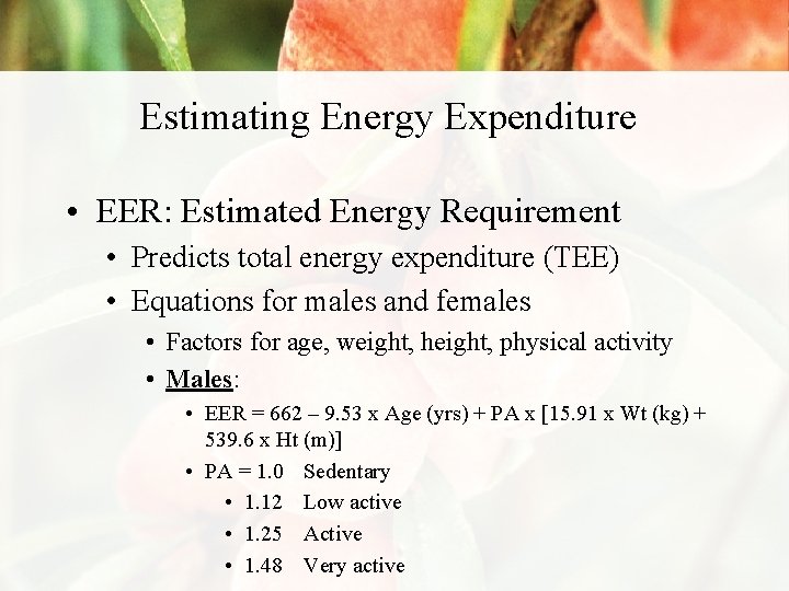 Estimating Energy Expenditure • EER: Estimated Energy Requirement • Predicts total energy expenditure (TEE)