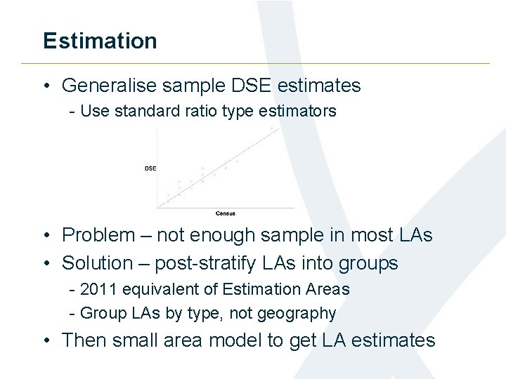 Estimation • Generalise sample DSE estimates - Use standard ratio type estimators • Problem