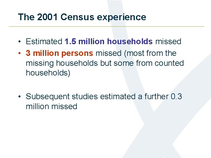 The 2001 Census experience • Estimated 1. 5 million households missed • 3 million