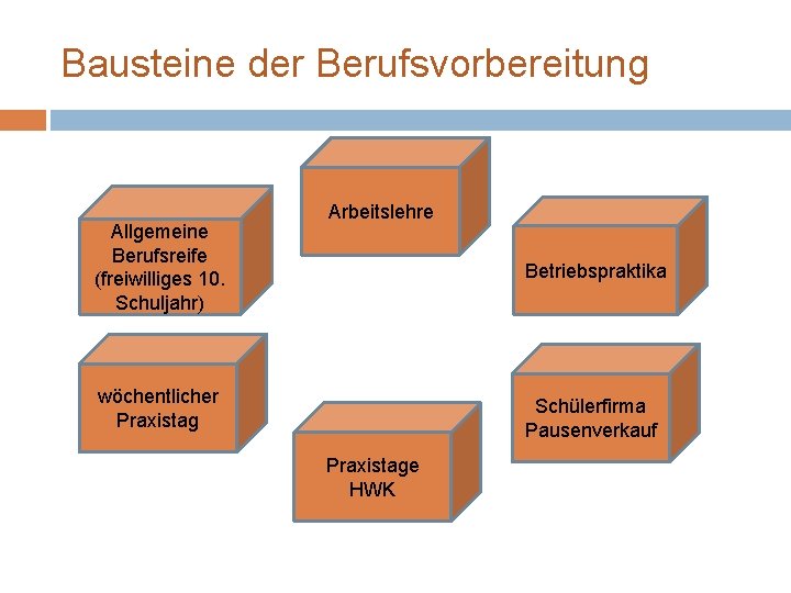 Bausteine der Berufsvorbereitung Allgemeine Berufsreife (freiwilliges 10. Schuljahr) Arbeitslehre Betriebspraktika wöchentlicher Praxistag Schülerfirma Pausenverkauf