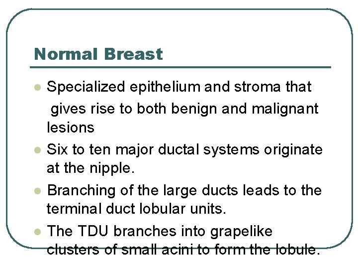 Normal Breast l l Specialized epithelium and stroma that gives rise to both benign