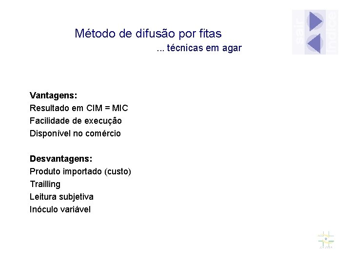 Método de difusão por fitas. . . técnicas em agar Vantagens: Resultado em CIM