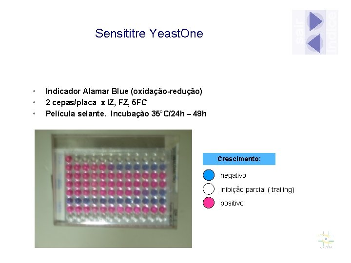 Sensititre Yeast. One • • • Indicador Alamar Blue (oxidação-redução) 2 cepas/placa x IZ,