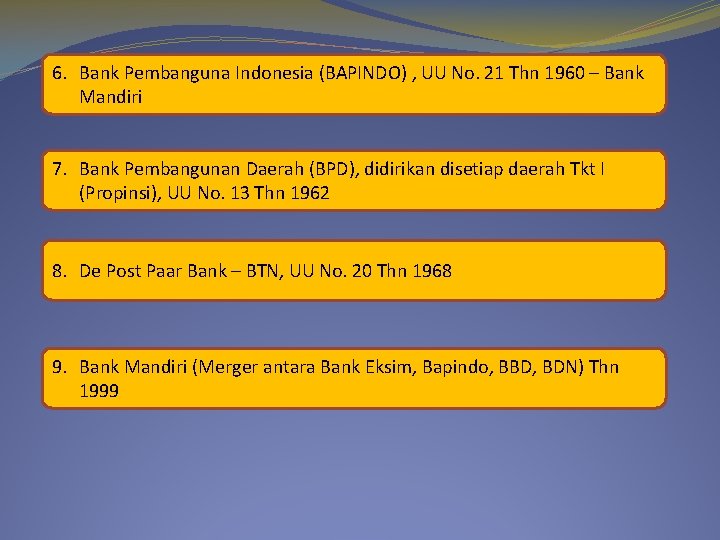 6. Bank Pembanguna Indonesia (BAPINDO) , UU No. 21 Thn 1960 – Bank Mandiri