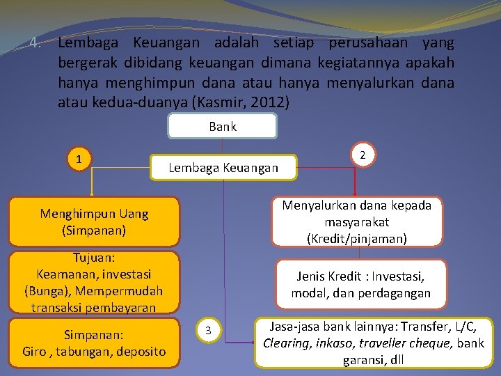 4. Lembaga Keuangan adalah setiap perusahaan yang bergerak dibidang keuangan dimana kegiatannya apakah hanya