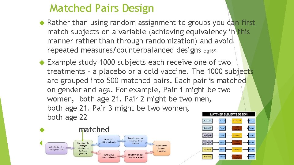 Matched Pairs Design Rather than using random assignment to groups you can first match