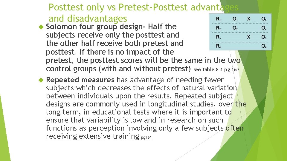 Posttest only vs Pretest-Posttest advantages and disadvantages Solomon four group design- Half the subjects